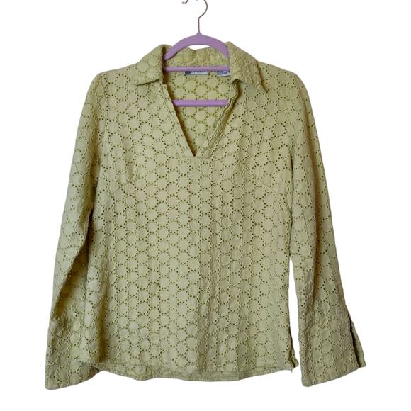 Vintage Carole Little Linen Eyelet Pistachio Green Long Sleeve Blouse Medium 90s - Picture 1 of 10